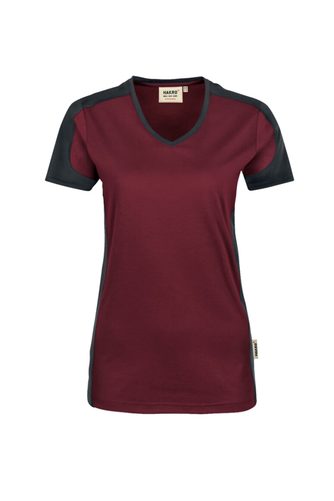 HAKRO Damen V-Shirt Contrast MIKRALINAR®, weinrot/anthrazit